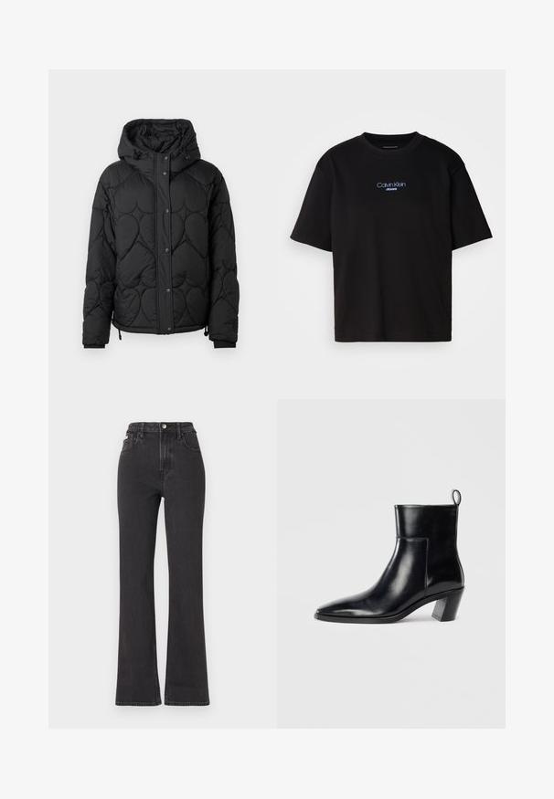 Melnā pārklātā pūkainā jaka ar kapuci, ar strukturētu rakstu, pogu aizdari, elastīgām piedurknēm un regulējamu šņoru apakšmalu.; Melna kokvilnas T-kreklu ar apaļu kaklu, īsām piedurknēm un zilu izšūtu "Calvin Klein JEANS" logo priekšpusē.; Melnas augstā jostasvietā plati izgrieztas džinsus no denima, ar pogu aizdari, jostas cilpām un sānu kabatām. Gluda tekstūra ar minimālu izbalēšanu.; Melnas ādas potītes zābaki ar norādītu purngalu, ģeometrisku stieptu papēdi un cilpu aizmugurē. Gluda tekstūra un elegants dizains.