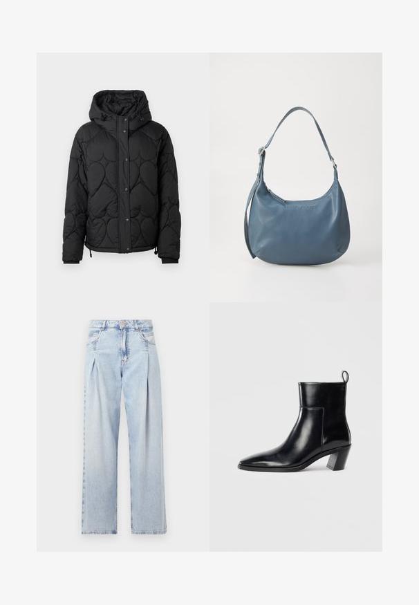 Chaqueta acolchada negra con capucha, que presenta un patrón texturizado, cierre de botones a presión, puños elásticos y dobladillo ajustable con cordón.; Camiseta negra de manga corta hecha de algodón suave, con un cuello redondo, corte relajado y una textura lisa. Sin patrones ni gráficos visibles.; Jeans de mezclilla azul claros con cintura alta, corte de pierna ancha, dos bolsillos laterales y un diseño plisado. Textura suave con un acabado deslavado.; Botín de piel negra hasta el tobillo con punta afilada, tacón apilado geométrico y una lengüeta en la parte posterior. Textura suave y diseño elegante.; Bolso de piel azul con forma redondeada, correa de hombro única, cierre de cremallera y nombre de la marca en relieve en la parte frontal. Textura suave.