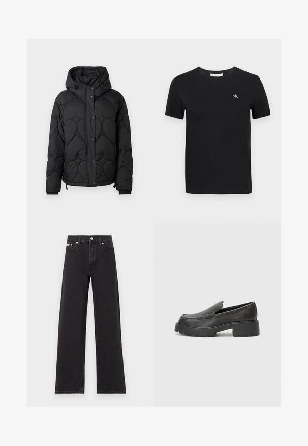 Jachetă puffer neagră, matlasată, cu glugă, având un model texturat, închidere cu nasturi prin presare, manșete elastice și tiv cu șnur ajustabil.; tricou negru din bumbac, cu guler clasic rotund, mâneci scurte și un mic logo alb brodat "ck" pe piept.; Jeanși negri cu picioare largi, fabricați din denim, cu talie înaltă, stil cu cinci buzunare și închidere cu nasture metalic, cu cusături contrastante.; Mocasini din piele neagră, cu vârf rotunjit, talpă groasă texturată și detalii minimale de cusătură. Design elegant, fără șireturi sau accesorii vizibile.