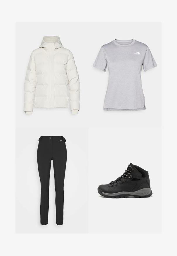 White puffer jacket with a hood, featuring a smooth texture and rectangular quilted pattern, zip closure, and elastic cuffs.; Grey short-sleeve t-shirt made of soft, moisture-wicking fabric. Features a crew neck and a small white logo on the upper left.; Black, fitted pants made from a flexible material. Features include a zippered side pocket, articulated knees, and a smooth texture.; Black hiking boot with a mid-top design, featuring a textured upper, gray accents, and durable rubber sole with traction lugs.
