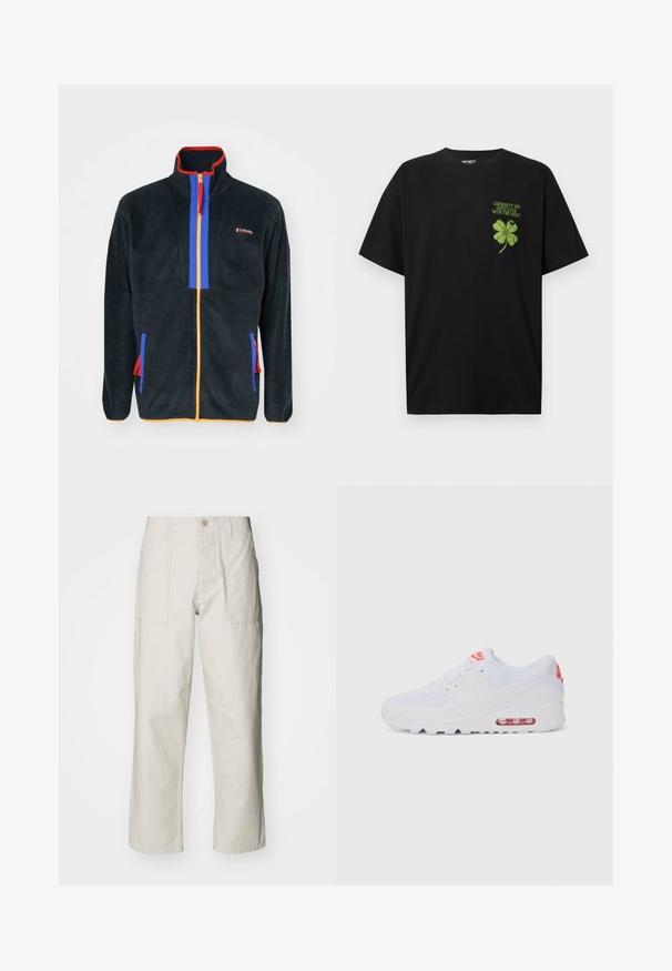 Tmavě modrá fleecová bunda s červeným a modrým zipem vpředu, oranžovými akcenty a bočními kapsami s barevnými zipy. Viditelné logo značky.; Černé bavlněné tričko s grafikou zeleného čtyřlístku a textem "ŠTĚSTÍ S DALŠÍM" na levé části hrudi.; Světle béžové kalhoty s širokými nohavicemi vyrobené z bavlny. Obsahují přední kapsy a zapínání na knoflík. Hladký povrch s jemnými vertikálními pruhy.; Bílé sportovní tenisky s hladkým svrškem, šněrováním, polstrovanou podrážkou a viditelnou vzduchovou jednotkou s červenými akcenty na značce.