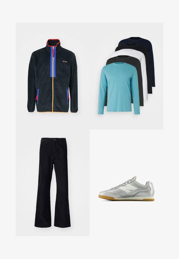 Tume sinine fliisikark, millel on punane ja sinine tõmblukuga eesmine osa, oranžid aktsendid ja küljetaskud, millel on värvilised tõmblukud. Brändi logo on nähtav.; Viis pika varrukaga T-särki reas: türkiissinine, must, valge, tumehall ja marineeritud sinine. Pehme kangas, ümmargune kaelus ja tavaline lõike.; Mustad mustad flared püksid traditsioonilise vöökoha, ühe esiknappi ja taskutega külgedel ja taga. Sile tekstuur.; Hõbedane spordijalats sileda, läikiva pinnaga, valge logo küljes, tekstuuriga hallid paelad ja kummist soe põhi.