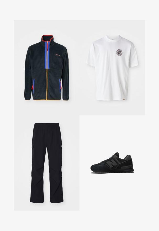 Giacca in pile blu scuro con una chiusura lampo rossa e blu, dettagli arancioni e tasche laterali con cerniere colorate. Logo del marchio visibile.; T-shirt bianca in cotone con un logo rotondo sul petto. Collo crew, maniche corte, vestibilità rilassata, con accenti rossi e neri.; Pantaloni cargo neri realizzati in materiale leggero, con vita elastica, tasche laterali e design a gamba dritta.; Sneaker nera con parte superiore in camoscio e rete, suola spessa e logo 'N' prominente di lato. Design testurizzato con chiusura a lacci.