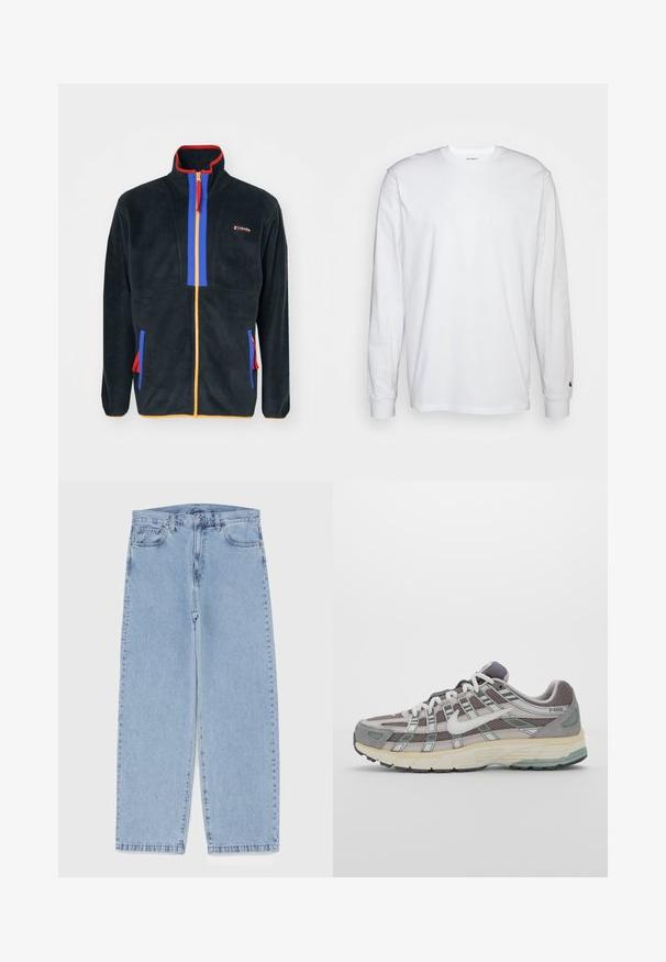 Tamsiai mėlynas fliso džemperis su raudonai mėlynu užtrauktuku priekyje, oranžinėmis detalėmis ir šoninėmis kišenėmis su spalvingais užtrauktukais. Matomas prekės ženklas.; Balta, ilga rankovė T-maiša, pagaminta iš medvilnės. Apvalios iškirptės dizainas su raukiniais ant rankovių ir nedidelis logotipas ant kairės rankovės. Glotni tekstūra.; Šviesiai mėlyni džinsai su tiesiomis kojomis, turintys vidutinio aukščio juosmenį, penkias kišenes ir mygtuko bei užtrauktuko uždarymą.; Pilkas sportinis batas su tinklu ir zomšos viršutine dalimi, baltomis detalėmis, paminkštintu padu ir išskirtiniu dizainu su atspindinčiais elementais.