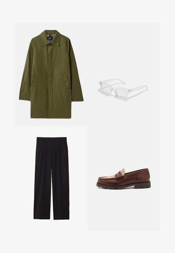 Cappotto leggero verde oliva con colletto a punta, due tasche laterali e foderato con un motivo. Presenta un design rilassato e dritto.; adidas Originals FBIRD - Felpa con zip - mineral green; Camicia bianca con bottoni, maniche lunghe, realizzata in cotone morbido, con colletto classico e un leggero lucido. Cinque bottoni sul davanti.; Pantaloni neri a gamba larga con frontale plissettato, tasche laterali e una texture di tessuto liscia. Progettati per un fit comodo.; Mocassini in pelle marrone con accentuazione in tela taupe, dettaglio cucito e suola in gomma testurizzata progettata per comfort e durata.; Occhiali da sole rettangolari trasparenti con una montatura in plastica spessa, dotati di lenti leggermente oscurate e senza ulteriori motivi o decorazioni.; Cravatta in satin bordeaux con una texture liscia, stretto, e punta a punta; presenta un anello per una facile indossatura.; Set di cinque anelli in argento con vari design: un motivo a catena, una fascia liscia, una fascia punteggiata e dettagli in filigrana.