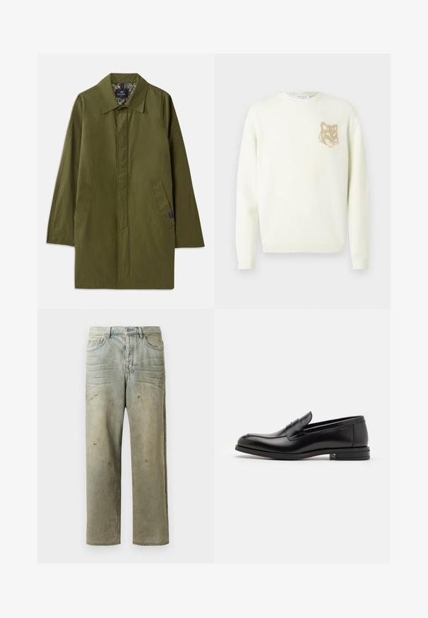 Kevyt oliivinvihreä takki, jossa on terävä kaulus, kaksi sivutaskua ja kuviollinen vuori. Ominaisuuksiin kuuluu rento, suora leikkaus.; Kerman kauluspaita, jossa on pitkät hihat ja pieni beige fox-pääkuva vasemmassa rinnassa, ribbaatut hihansuut ja helma.; Vaaleanvihreät kulutetut farkut suoran lahkeen, viiden taskun muotoilun ja epätasaisen haalistumisen sekä maalikohoumiin kanssa.; Mustat nahkakengät, joissa on sileä pinta, pyöreä kärki ja koristeellinen nauha jalkapöydän yli. Matala pinoitu koroke, minimalistinen muotoilu.