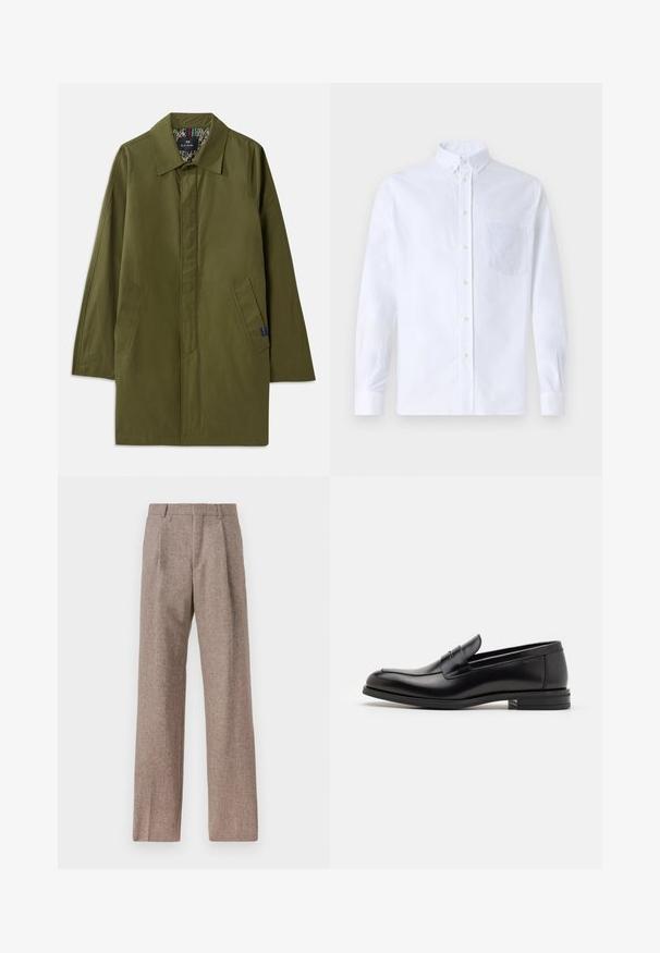 Olívazöld, könnyű kabát, hegyes gallérral, két oldalsó zsebbel és mintás bélésse. Lazán, egyenes fazonú.; Fehér, hosszú ujjú, gombos ing pamutból, mellzsebbel, tónusos hímzéssel, gallérral és gombos mandzsettával.; Barna, magas derekú nadrág texturált anyagból. Széles szárai és két elülső redője biztosítja a struktúrát. Ízléses kivitel, látható fémszerelés nélkül.; Fekete bőr loaferek sima textúrával, kerek orral és dekoratív pánttal a vampnál. Alacsony, rétegelt sarkú, minimalista dizájn.