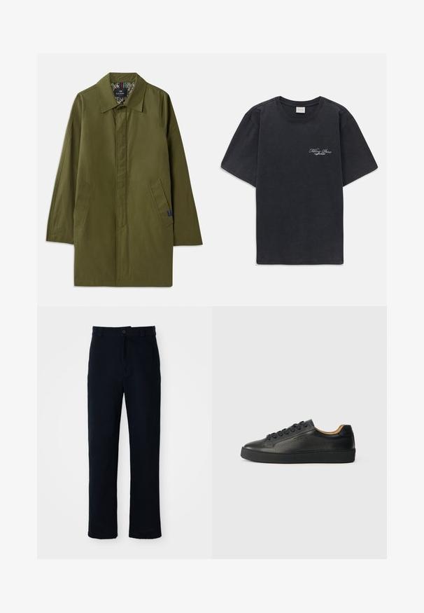 Olive roheline kerge mantel terava kraega, kahe küljetasku ja mustrilise voodriga. Omab lõdva, sirget lõiget.; Must have lühikesed varrukad ümmarguse kaelusega must T-särk, millel vasakul rinnal on väike valge "Filling Pieces" teksti logo.; Tumed sinelased püksid puuvillast, sirge lõikega, eesnupu sulgemisega ning klassikalise vöökohaga, kus on vööaasad.; Mustad mustade nahast madalad sneakersid tekstureeritud pinnaga, mustade paeltega ja paksu kummitaldaga, kujutatud külgvaates heledal taustal.