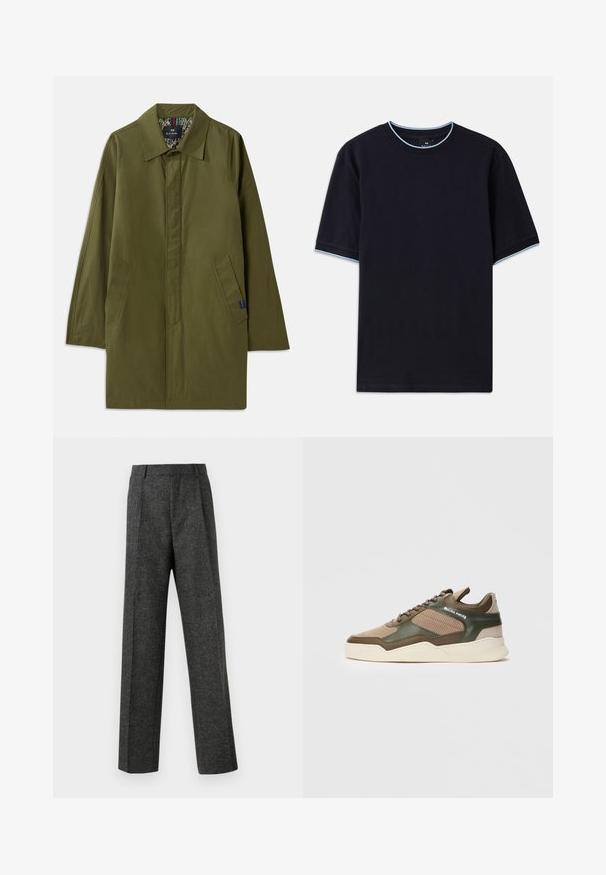 Kevyt oliivinvihreä takki, jossa on terävä kaulus, kaksi sivutaskua ja kuviollinen vuori. Ominaisuuksiin kuuluu rento, suora leikkaus.; T-paita tummansinisestä lyhythihaisesta kankaasta pyöreällä kaula-aukolla, jossa vaaleansininen yksityiskohta kauluksessa ja hihoissa. Valmistettu pehmeästä puuvillakankaasta.; Harmaat räätälöidyt housut, jotka on valmistettu teksturoidusta kankaasta, ja niissä on kaksi etutaskua ja suora lahjemuoto. Ei näkyviä taskuja tai koristeluja.; Beige ja vihreä matala tennari, jossa on reikiä sivuilla, valkoinen pohja, nauhakiinnitys edessä ja "FILLING PIECES" -merkintä sivupaneelissa.