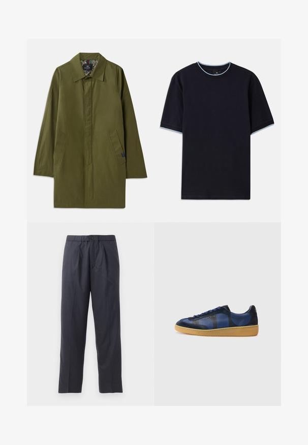 Palton ușor de culoare verde măsliniu cu guler ascuțit, două buzunare laterale și o căptușeală interioară cu model. Prezintă un design relaxat, cu o croială dreaptă.; Tricou scurt cu mânecă scurtă de culoare albastru închis, cu un guler rotund, având accente de culoare albastru deschis la guler și la mâneci. Fabricat dintr-un material moale din bumbac.; Pantaloni în nuanțe închise de bleumarin, realizați dintr-un material moale, cu un design plisat în față și talie elastică. Prezintă un închizător cu nasture și o croială dreaptă.; Adidași bleumarin dintr-un amestec de nubuc și piele, cu modele circulare, șireturi violet și talpă din cauciuc de gumă. Logo-ul de brand auriu pe lateral.