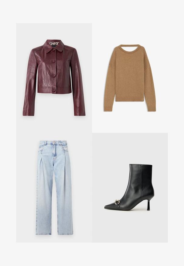Giacca cropped in pelle color bordeaux con colletto, chiusura a bottoni e maniche lunghe. Tessuto liscio con cuciture decorative.; Maglione lavorato a maglia in un caldo beige, dotato di scollo tondo, spalle scese e polsini e orlo a costine. Texture morbida con un design informale.; Jeans in denim azzurro chiaro con vita alta, taglio a gamba larga, due tasche laterali e design plissettato. Texture morbida con una finitura sbiadita.; Stivale alla caviglia in pelle nera con punta affusolata, tacco sottile di media altezza e dettaglio in fibbia argentata sul lato, su sfondo semplice.