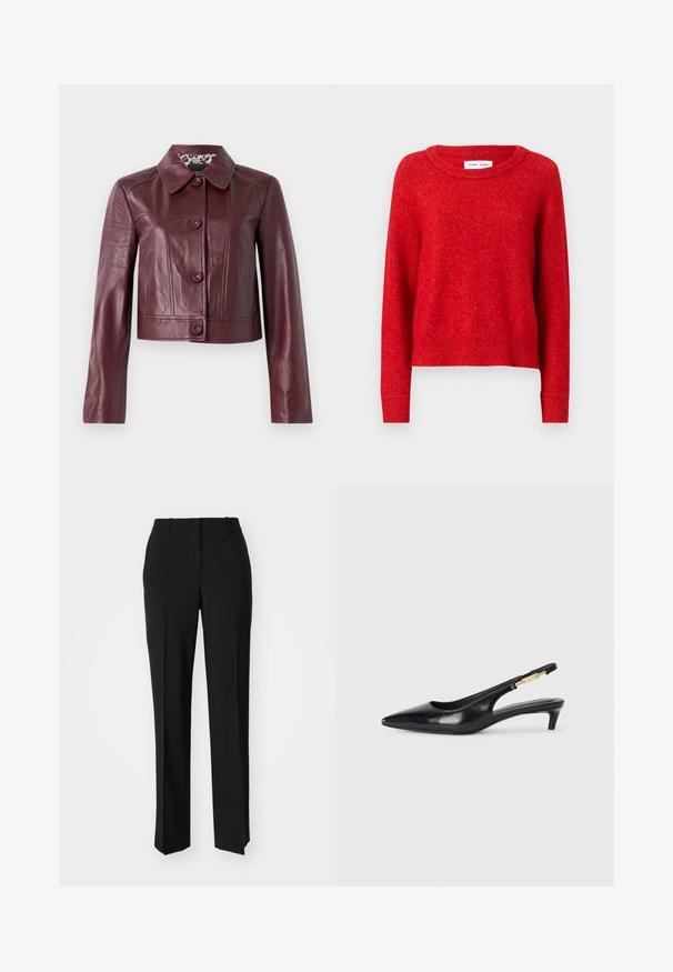 Burgundska kožna kratka jakna s ovratnikom, gumbima za zatvaranje i dugim rukavima. Glatka tekstura s dekorativnim šavovima.; Crvena pletena dukserica s okruglim izrezom, dugim rukavima i rebrastim manžetama. Materijal izgleda mekano i teksturirano s nešto slobodnijim krojem.; Crne krojene hlače ravnog kroja, s glatkom teksturom i oštrim pregibima naprijed. Bez vidljivih metalnih dijelova.; Crne kožne sandale s petom, s izduženim vrhom, imaju usku petu i zlatni akcent na podesivoj traci. Glatka tekstura.