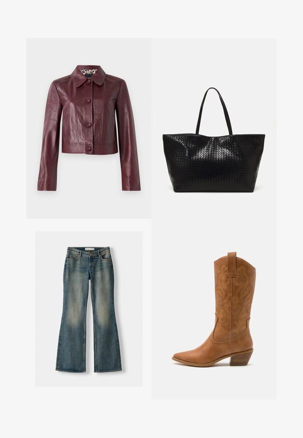 Burgundowa skórzana kurtka typu cropped z kołnierzykiem, zapięciem na guziki i długimi rękawami. Gładka faktura z dekoracyjnymi szwami.; Pasiasta koszula z długim rękawem w brązowo-białe paski, z punktowym kołnierzykiem i zaokrąglonym dołem. Teksturowana tkanina z pionowymi paskami.; Niebieskie dżinsy w fasonie dzwonów z wyblakłym wykończeniem, pięcioma kieszeniami i zapięciem na guzik. Materiał ma fakturę dżinsu z subtelnymi detalami szycia.; Brązowe skórzane kowbojki z wyciągniętym nosem, haftowanymi wzorami spiralnymi na cholewie oraz blokowym obcasem. Posiadają pętlę ułatwiającą zakładanie.; Czarna pleciona torba na ramię z dwoma mocnymi uchwytami, charakteryzująca się błyszczącą powierzchnią i przestronnym otwartym topem.
