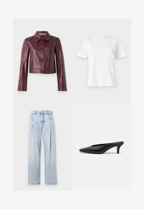 Burgundská kožená skrátená bunda s golierom, gombíkovými uzávermi a dlhými rukávmi. Hladká textúra s dekoratívnymi švami.; Biela bavlnená tričko s krátkymi rukávmi, okrúhlym výstrihom a voľným strihom. Hladká textúra, bez vzorov alebo akcentov, minimalistický dizajn.; Svetlomodré džínsy s vysokým pásom, širším strihom po celej dĺžke, dvoma bočnými vreckami a skladaným dizajnom. Mäkka textúra s vyblednutým vzhľadom.; Čierne kožené špicaté muly s nízkym stiletto podpätkom. Hladká textúra, minimalistický dizajn a otvorená zadná časť pre jednoduché obúvanie.