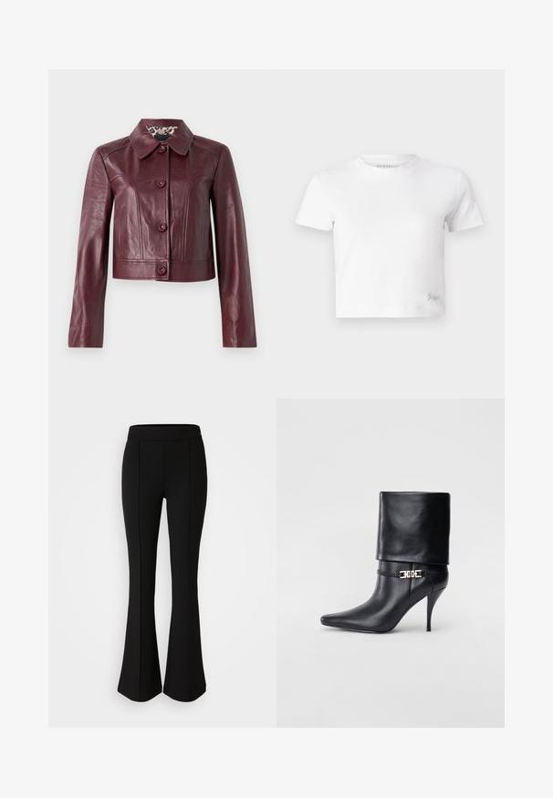 Burgundi színű bőr cropped dzseki, galléros nyakkal, gombos záródással és hosszú ujjakkal. Sima textúra díszített varrásokkal.; Fehér, rövid szabású, sima pamut póló, magas nyakkivágással és rövid ujjakkal. Kicsi hímzett logó az alsó sarokban.; Fekete, elasztikus anyagból készült, sima textúrájú, bővülő nadrág, elülső varrásokkal a dizájn fokozása érdekében.; Fekete bőr bokacsizma hegyes orral, magas stiletto sarokkal, hajtott szegéllyel és arany díszcsattal a bokán.