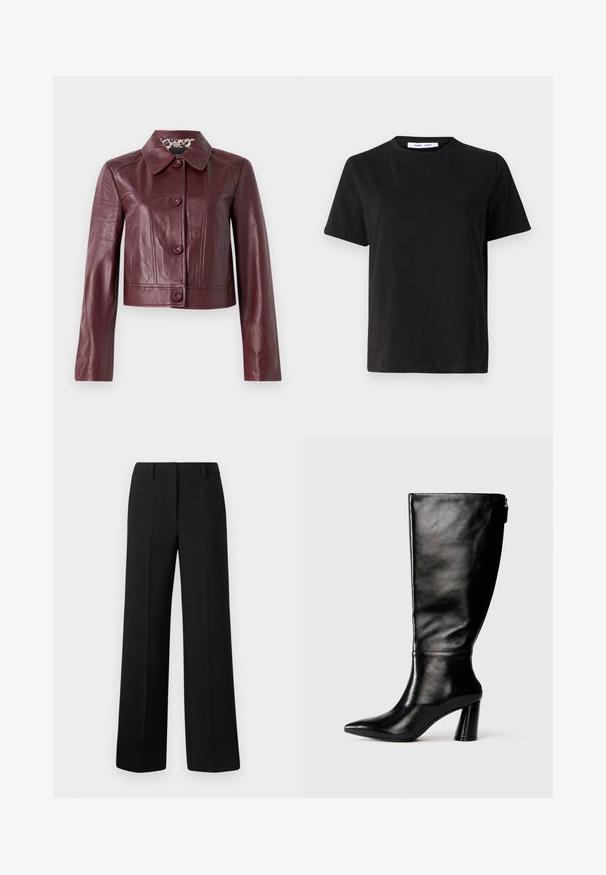 Bordeaux læder cropped jakke med krave, knaplukninger og lange ærmer. Glat tekstur med dekorative syninger.; Sort t-shirt med korte ærmer fremstillet af blødt bomuld, med rund halsudskæring, afslappet pasform og en glat overflade. Ingen synlige mønstre eller grafik.;  Sorte bukser med vid benvidde, lavet af et glat stof, med en skræddersyet pasform, bæltestropper og uden synlige mønstre eller udsmykninger.; Knee-high sorte læderstøvle med spids tå, glat tekstur og en kraftig hæl. Har en lynlåsdetaile bagpå.