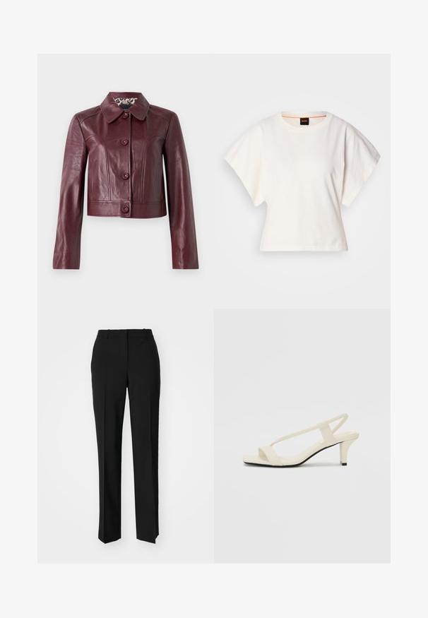 Veste courte en cuir bordeaux avec un col, des fermetures à boutons et des manches longues. Texture lisse avec des coutures décoratives.; T-shirt blanc cintré, manches courtes et larges, en coton doux, décolleté rond avec une discrète bordure orange, design minimaliste, sans motifs ni graphiques.; Pantalon noir ajusté avec une coupe droite, présentant une texture lisse et des plis nets sur le devant. Aucune quincaillerie visible.; Sandales beiges à talons carrés avec des fines brides et un bout carré. Matière lisse avec des détails minimaux, conçues pour un port facile.