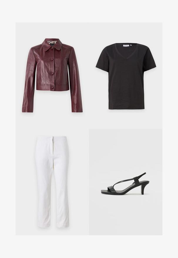 Burgundská kožená skrátená bunda s golierom, gombíkovými uzávermi a dlhými rukávmi. Hladká textúra s dekoratívnymi švami.; Čierne bavlnené tričko s výstrihom do V a krátkymi rukávmi. Jednoduchý dizajn s bežným strihom a bez vzorov alebo akcentov.; Biele bavlnené nohavice so striedmym strihom, s pásom strednej výšky a bez viditeľných kovových prvkov alebo vzorov. Hladká textúra po celom obvode.; Čierne sandále na podpätku so štíhlym dizajnom popruhov, štvorcovou špičkou a stredne vysokým blokovým podpätkom. Vyrobené z hladkej kože s matným povrchom.