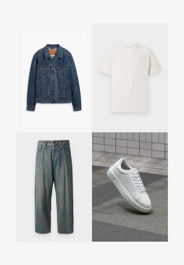 Jaqueta de denim azul com um design clássico, apresentando bolsos no peito, botões de metal e costura contrastante. Colarinho e bainha estruturados.; T-shirt branco de manga curta em textura canelada. Gola redonda, ajuste descontraído, sem padrões ou detalhes visíveis. Design simples e versátil.; Jeans de ganga azul claro com um corte solto, cintura média e pernas retas. Apresenta cinco bolsos, passadores de cinto e fecho com botão.; Tênis de couro branco com superfície lisa, bico redondo e cadarços brancos planos. Apresenta uma sola de borracha texturizada e elementos de design minimalistas.