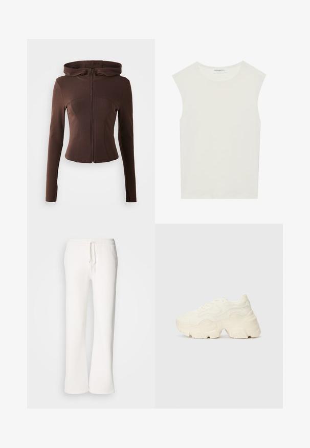 Smeđa dukserica na patentni zatvarač s uskim dizajnom, dugim rukavima i kapuljačom. Izrađena od glatkog, rastezljivog materijala s zakrivljenim šavovima i aerodinamičnim oblikom.; Bijela majica bez rukava s okruglim izrezom. Izrađena je od glatkog materijala, nudi opušteni kroj i minimalistički dizajn. Bez uzoraka ili ukrasa.; Bijele, opuštene hlače od flisa izrađene od mekog materijala, s elastičnim pojasom i vezicom te ravnim nogavicama.; Masivne bijele tenisice od teksturirane mreže i sintetičkih materijala, sa debelim potplatom i složenim uzorcima duž strana.
