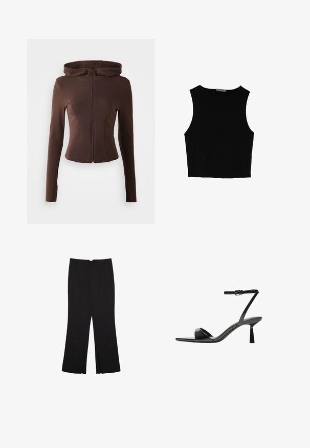 Ruskea vetoketjullinen huppari, jossa on istuva muotoilu, pitkät hihat ja huppu. Valmistettu sileästä, joustavasta kankaasta, jossa on kaarevat saumat ja virtaviivainen muoto.; Musta hihaton crop-top, joka on valmistettu sileästä kankaasta, jossa on pyöreä kaula-aukko ja siisti, yksinkertainen muotoilu ilman kuvioita tai varusteita.; Mustat housut suoralinjaisella leikkauksella, joissa on etutaskut ja sivurei'ät helman alla. Valmistettu pehmeästä ja sileästä kankaasta. Sopii eri tilaisuuksiin.; Bershka Korolliset sandaalit - black