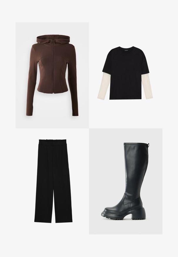 Sweatshirt com fecho éclair em tom castanho, com um design ajustado, mangas longas e capuz. Feito de um tecido liso e elástico, com costuras curvadas e uma silhueta aerodinâmica.; T-shirt preta de algodão, com mangas curtas sobre uma camada de mangas longas branca com um padrão texturizado subtil. Design de decote redondo.; Calças largas pretas com um cinto franzido, apresentando dois bolsos laterais e um tecido suave e leve. Sem padrões ou ferragens visíveis.; Bota preta de couro alta com sola de plataforma robusta e salto bloco, apresentando puxador e padrão texturizado na sola.