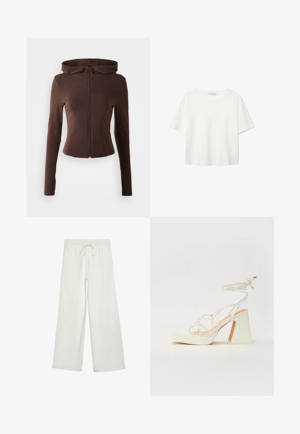 Hnedá mikina na zips s priliehavým dizajnom, dlhými rukávmi a kapucňou. Vyrobená z hladkej, elastickej látky s zakrivenými švami a aerodynamickým tvarom.; Biela krátkopsová tričko vyrobené z bavlny. Má okrúhly výstrih a voľný strih. Hladká textúra bez viditeľných vzorov alebo akcentov.; Biele nohavice s širokými nohavicami vyrobené z mäkkej tkaniny. Majú elastický pás s šnúrkou a hladký povrch. Žiadne viditeľné vzory ani kovania.; Biele sandále na vysokom opätku s hrubým podpätkom, s pruhovaným dizajnom a viazaním na členku. Hladký povrch s platformou vpredu pre zvýšenú výšku.