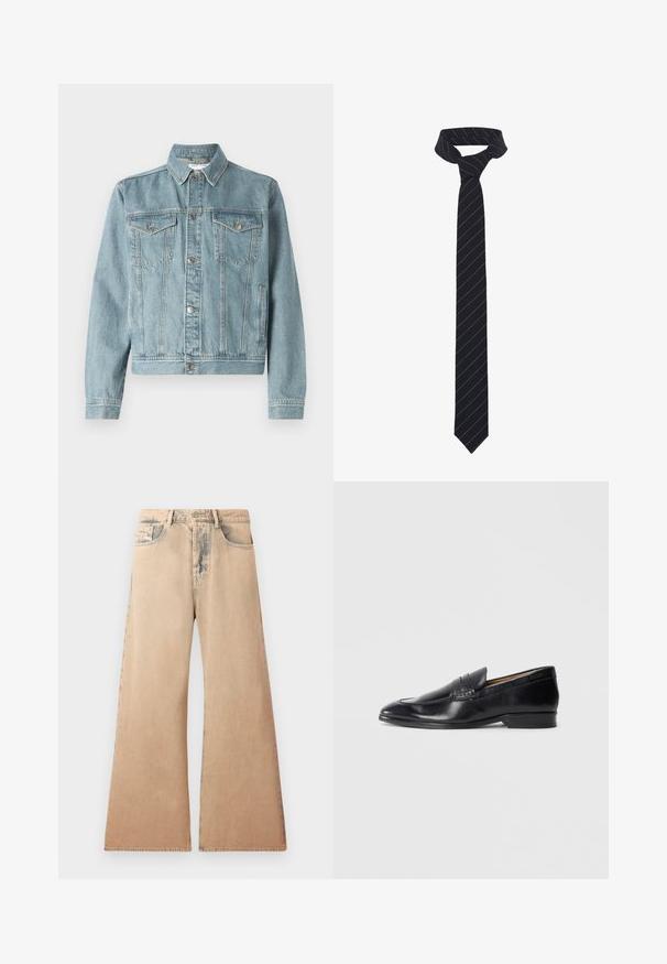 Giacca di jeans azzurro chiaro con collo a punta, due tasche sul petto, bottoni argentati e design corto. Presenta un tessuto testurizzato e dettagli cuciti.; Camicia bianca a maniche lunghe realizzata in tessuto testurizzato, con collo classico, chiusura a bottoni e orlo dritto, dal taglio rilassato.; Jeans beige a gamba larga con texture sfumata, design a cinque tasche e dettagli cuciti lungo le cuciture. La vita ha una chiusura a bottone tradizionale.; Mocassino in pelle nera con finitura liscia, punta affusolata e dettagli di cucitura sottili. Presenta un tacco piatto e un logo impresso sul lato.; Cravatta nera con strisce blu diagonali, realizzata in un tessuto liscio. Presenta un'estremità affusolata e un nodo a loop nella parte superiore.