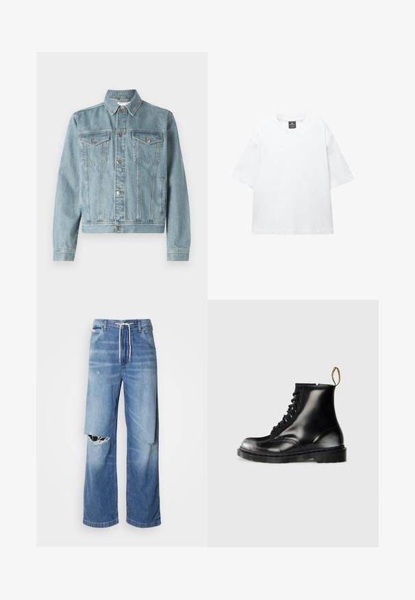 Svijetloplavi traper jakna s oštrim ovratnikom, dva džepa na prsima, srebrnim dugmadima i skraćenim dizajnom. Ima teksturiranu tkaninu i šivane detalje.; Bela majica s kratkimi rokavi iz bombaža, z okroglo ovratnikom in sproščenim krojem ter ravnim robom. Brez vzorcev ali okrasnih elementov.; Svetlo modri kavbojke z ohlapnim krojem, z belim vrvico na pasu in izrazitimi raztrganinami spredaj, ki kažejo na odrgnjene robove.; Črne usnjene gležnjarje s sijajno površino, osem luknjicami, črnimi vezalkami in zanko za pomoč pri obuvanju. Imajo teksturiran podplat z globokim profilom.