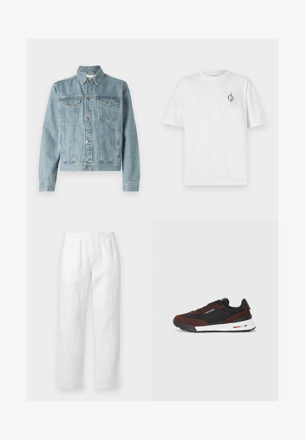 Šviesiai mėlynas džinsinis švarkas su smailiu apykakle, dviem krūtinės kišenėmis, sidabriniais mygtukais ir trumpu dizainu. Džinsinis audinys yra tekstūruotas, o siuvinėjimai išskirtiniai.; Balta medvilninė marškinė su laisvu siluetu, su mažą juodą grafiką logotipą kairėje krūtinės pusėje. Trumpomis rankovėmis, apvaliu kaklu.; Baltos lino kelnės su elastiniu liemeniu, tiesių kojų piešiniu ir minkšta tekstūra be matomų raštų ar aparatūros detalių.; Tommy Hilfiger RETRO RUNNER MIX - Sportbačiai - black/cocoa