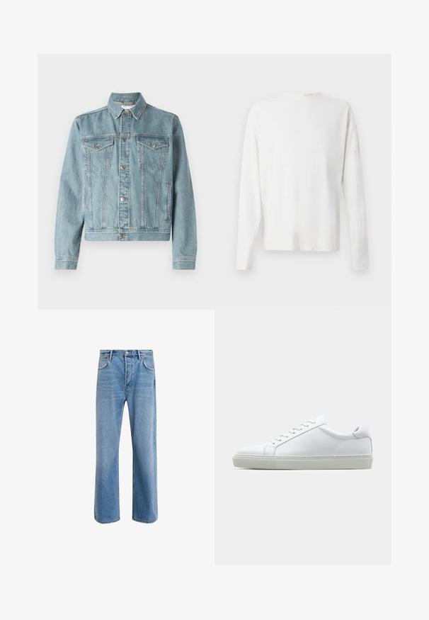 Světle modrá džínsová bunda s špičatým límcem, dvěma náprsními kapsami, stříbrnými knoflíky a zkráceným střihem. Má strukturovanou tkaninu a šité detaily.; Bílá bavlněná košile s dlouhým rukávem a kulatým výstřihem, s bočními rozparky na spodní části a hladkým povrchem, vystavená zezadu.; Světle modré džínové kalhoty s rovnými nohavicemi, pěti kapsami, zapínáním na knoflík, minimálním vyblednutím a kontrastním prošitím.; Bílé tenisky s hladkým koženým svrškem a nízkým profilem. Mají zaoblenou špičku, šest nýtů a texturovanou gumovou podrážku.
