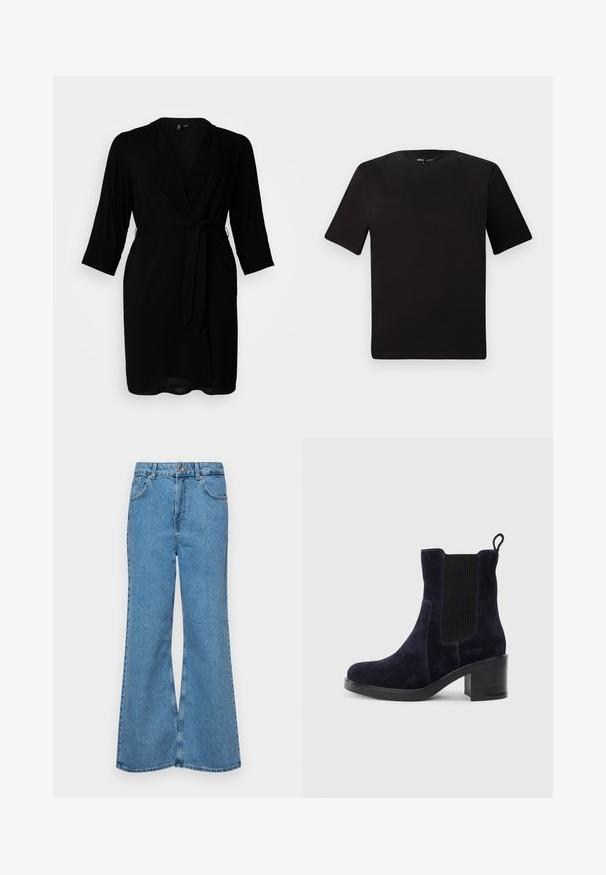 Vestido preto envolvente feito de tecido leve, com mangas três quartos, cintura cingida e um decote em V profundo.; T-shirt preta de mangas curtas com decote redondo, feita de tecido de algodão suave. Design simples, sem logótipos ou padrões visíveis.; Jeans de brim azuis claros, com corte à boca de sino, apresentando uma cintura alta, cinco bolsos e um fecho de botão único. Textura macia com acabamento desbotado.; Bota de tornozelo em camurça azul-marinho com painel elástico lateral, bico redondo e salto bloco. O tecido texturizado e a sola lisa criam um contraste.