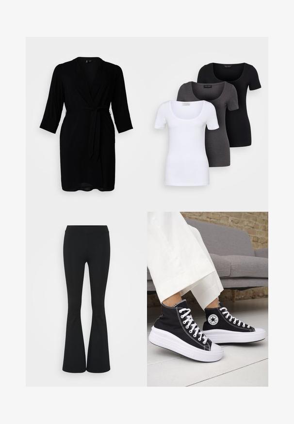 Black wrap dress made of lightweight fabric, featuring three-quarter sleeves, a belted waist, and a deep V-neck design.; Three fitted T-shirts in white, gray, and black. Each features a wide scoop neckline and short sleeves. Made from smooth, stretchy fabric.; Black flared pants made of stretchy fabric, featuring a high waistband and a smooth texture. The pants flare out from the knee.; Black high-top sneakers with white rubber soles and laces. Features a round logo patch and contrasting white stitching. Canvas material.