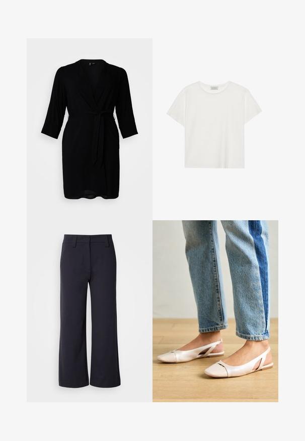 Black wrap dress made of lightweight fabric, featuring three-quarter sleeves, a belted waist, and a deep V-neck design.; White short-sleeve T-shirt made of soft cotton. Features a round neckline and relaxed fit. Clean design with no visible patterns or accents.; Wide-leg trousers in dark navy fabric. Features a flat front, belt loops, and side pockets. The material is smooth with a slight stretch.; Pale pink slingback flats with a pointed toe, made from a smooth leather-like material. Features cut-out details at the sides and a flat heel.