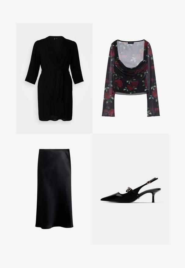 Juoda apykaklė suknelė iš lengvo audinio, su trimis ketvirtadaliais rankovėmis, juosmens diržu ir giliu V formos iškirpimu.; Juodas tinklinis ilgomis rankovėmis viršus su gilia apykakle, dekoruotas raudonų rožių ir žalių lapų gėlių raštu, su drabužiu įprastu priekinio dizainu.; Juodas satino midi sijonas su lygia tekstūra, A formos siluetu ir subtiliu blizgesiu. Su juosmeniu ir pilno ilgio dizainu.; Juodos lakuotos odinės slingback kulnų bateliai, su smailiu pirštu, kuriuose yra dvigubi auksiniai sagtelės akcentai ir lieknas stiletto kulnas.