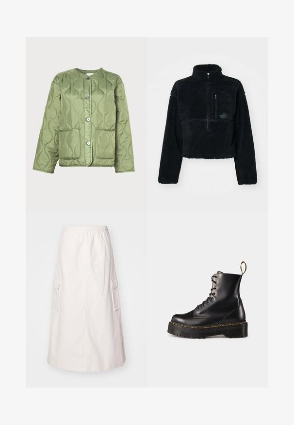 Zeleni jakna iz satena s prešitimi vzorci valov, okroglo ovratnico, štirimi gumbi in dvema sprednjima žepoma.; Črn flis pulover z visokim ovratnikom, polovičnim zadrgo spredaj in žepom na prsih. Teksturovan material in vezen logotip na žepu.; Tri tanke s kratkimi rokavi v mint zeleni, črni in bež barvi; narejene iz rebrastih tkanin z okroglim izrezom in brez rokavov. Vidna oznaka blagovne znamke.; Svetlo bež krilo do kolen s elastičnim pasom. Ima dva stranska žepa in ravno rezami s gladko teksturo.; Črne usnjen lace-up gležnjarje z debelim črnim podplatom in rumenim šivanjem. Imajo zanko na hrbtni strani in okrogle kovinske učke.