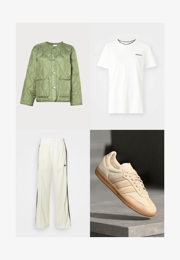 Quilted green jacket made of satin, featuring wave patterns, a round neckline, four buttons, and two front pockets.; White cotton t-shirt with short sleeves and a round neckline. Features a black Adidas logo on the chest and a contrasting black inner collar.; Cream-colored sweatpants with a relaxed fit, featuring dark brown side stripes and an embroidered logo on the left thigh.; Light beige suede sneaker with gum outsole, three diagonal stripes, and a textured toe cap. Features logo on the tongue and side.
