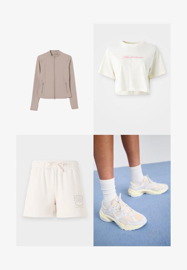 Gaiši beidzēts kabatas jaciņa ar pieguļošu dizainu, garām piedurknēm un sānu zip kabatām. Gluda, stiepjama auduma un stenda apkakle.; Izgriezta, krēmkrāsas T-kreklu, kas izgatavots no kokvilnas. Piedāvā rozā izšūtu logotipu ar uzrakstu "Nike Sportwear". Īsas piedurknes un apaļa izgriezuma kakla vieta.; Gai beige kokvilnas šorti ar elastīgu jostasvietu, regulējamu auklu un "NIKE SPORTSWEAR" logo, kas printed gaismas brūnā krāsā sānos.; Plāni sporta apavi bālgani dzeltenā un baltā krāsā, ar sietu un sintētiskiem materiāliem, noapaļota forma un teksturētām zolem.