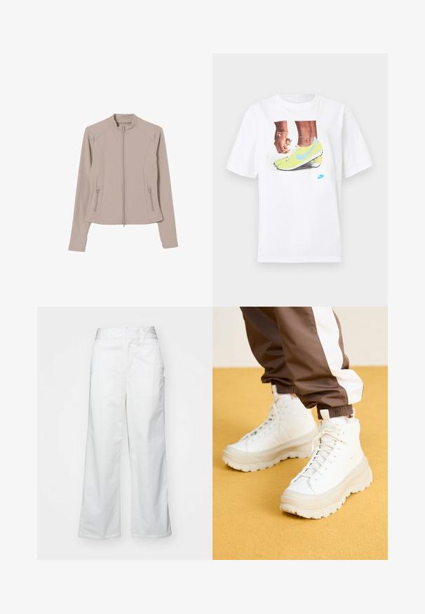 Lys beige zip-up jakke med en tætsiddende pasform, lange ærmer og sidelommer med lynlås. Glat, strækbart stof og stand-up krave.; Hvid bomulds t-shirt med et grafisk motiv af fødder i gule Nike støvler med blå accenter, parret med et armbånd på venstre håndled.; Hvide brede bukser lavet af bomuld, med en glat overflade, lige pasform, forlommer og en ren kant.; Hvide højtop sneakers med en kraftig, tekstureret sål, der har en glat overdel, rund tå og tonede snørebånd, placeret mod en gul baggrund.