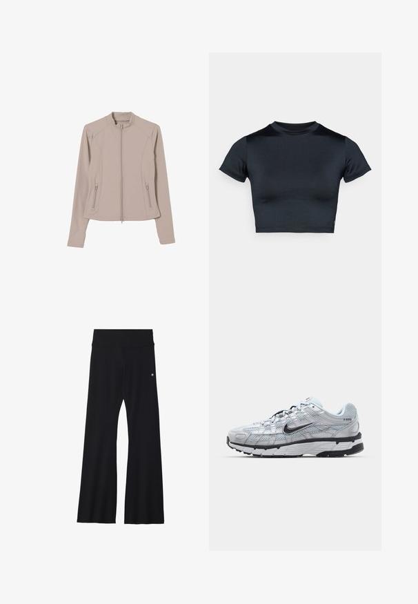 Šviesiai kreminis užtrauktukas džemperis su aptemptu dizainu, ilgomis rankovėmis ir šoninėmis užtrauktukų kišenėmis. Lygus, tamprus audinys ir stovintis apykaklė.; Tamsiai mėlynas trumpomis rankovėmis crop topas, pagamintas iš lygaus, tamprios medžiagos. Suapvalinta iškirptė ir minimalūs siuvimo detalės. Logotipų nėra.; Juodos, plisėtos kelnės iš tamprios medžiagos, su plačiu liemens diržu ir mažu logotipu klubo srityje. Lygus tekstūros paviršius ir visiško ilgio dizainas.; Nike P-6000 sportbačiai su šviesiai pilku tinkleliu, juodais akcentais ir patvariu juodu guminėm padais. Yra sudėtingas dizainas ir raištelių sistema.