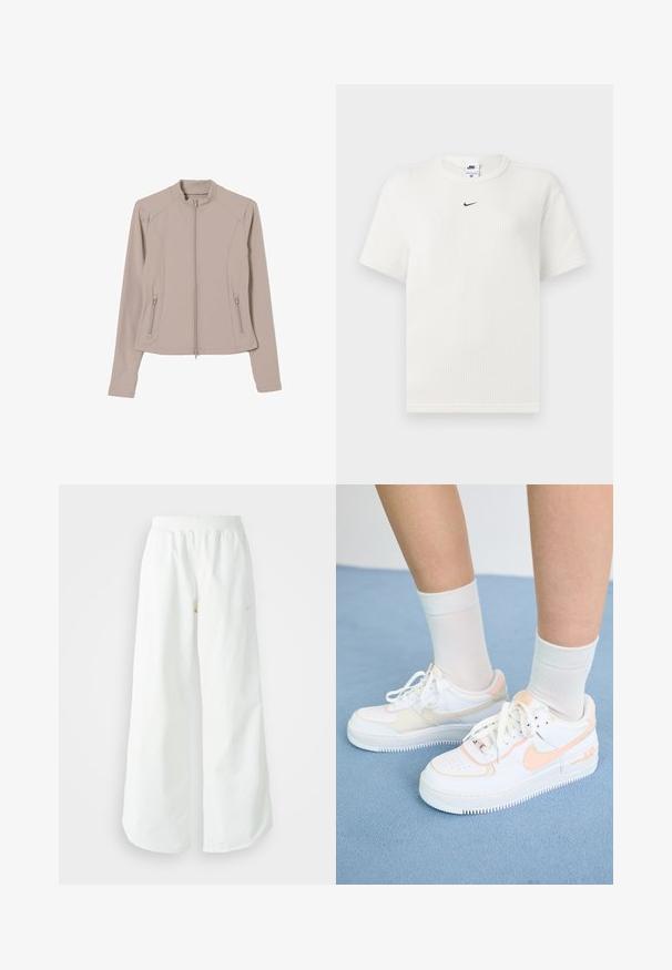 Lys beige zip-up jakke med en tætsiddende pasform, lange ærmer og sidelommer med lynlås. Glat, strækbart stof og stand-up krave.; Hvid ribbet t-shirt med rund halsudskæring og korte ærmer. Har et lille sort Nike-logo på brystet. Tekstureret stof med en tætsiddende pasform.; Hvide athletic bukser med vidde, ribbet talje og subtile logo detaljer. Glat stof med en afslappet pasform og tapered hals.; Hvide sneakers med ferskenfarvede detaljer, glat læderoverdel, perforeret tå, struktureret sål og snørebånd. Båret med hvide ankelstrømper på en blå overflade.