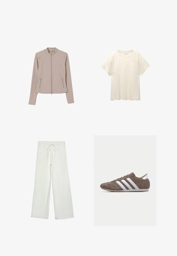 Lys beige zip-up jakke med en tætsiddende pasform, lange ærmer og sidelommer med lynlås. Glat, strækbart stof og stand-up krave.; Lys beige kortærmet t-shirt med rund halsudskæring, lavet af blødt, glat stof. Har en afslappet pasform og lige forneden.; Hvide bukser med bred ejer lavet af blødt stof. Har en elastisk talje med snor og en glat tekstur. Ingen synlige mønstre eller hardware.; Brune ruskind atletisk sko med hvide striber, rund tå, snørebåndsdesign og gummisål. Tekstureret overdel med syningsdetaljer.