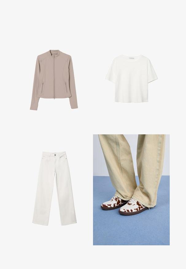 Ljusbeige zip-up jacka med en figurnära design, långa ärmar och sidofickor med dragkedja. Slät, elastisk tyg och krage.; Vit t-shirt med kort ärm i bomull. Har en rundad halsringning och en avslappnad passform. Slät textur utan synliga mönster eller detaljer.; Vita vida byxor i denim med hög midja, femfickorsdesign och metallknäppning. Slät textur, inga mönster.; Vita och bruna mönstrade sneakers i mesh och läder, med bruna gummisålar. Matchas med ljusbeige vida byxor.