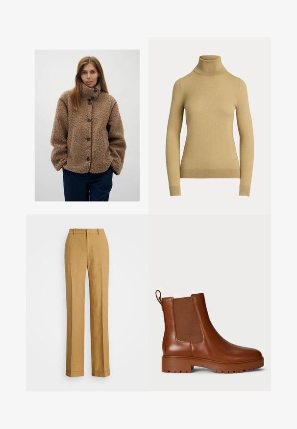 Ruskea fleece-takki, jossa on korkea kaulus, napitus ja erottuva ruskea reunus. Luonnollinen istuvuus ja teksturoitu pinta.; Paita turtleneck vaaleassa beigesävyssä, joka on valmistettu sileästä ja pehmeästä neuleesta. Siinä on pitkät hihat ja istuva siluetti, jossa on ribbireuna.; Polo Ralph Lauren YARD LINEN FULL FLAT FRONT - Housut - sand dune; Ruske nahke ankle čizme z elastičnimi stranskimi paneli, zanko za vstavljanje in trdnim podplatom. Gladka tekstura z elegantno silhueto.
