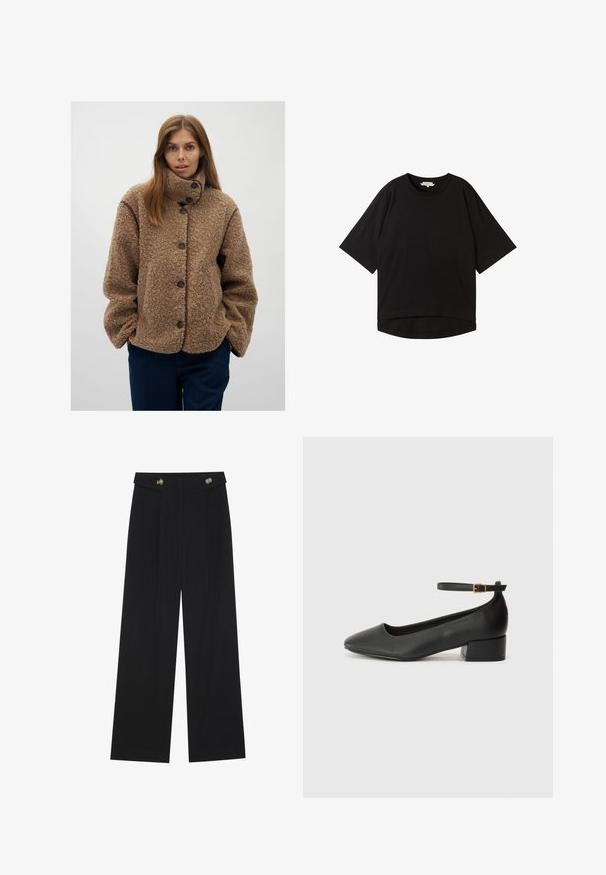 Smeđa flis jakna s visokim ovratnikom, zatvaranjem na gumbe i kontrastnim smešnim obrubom. Labav kroj i teksturirana površina.; Crna majica kratkih rukava s opuštenim krojem, okruglim izrezom i lagano zakrivljenim rubom. Izrađena od mekog, teksturiranog materijala.; Crne hlače širokih nogavica s visokim strukom, s dugmadi na pojasu i prednjim nabora.; Crne kožne pumpe s oštrim vrhom i niskom blok petom. Sadrže remen oko gležnja s zlatnim kopčanjem. Glatka tekstura.