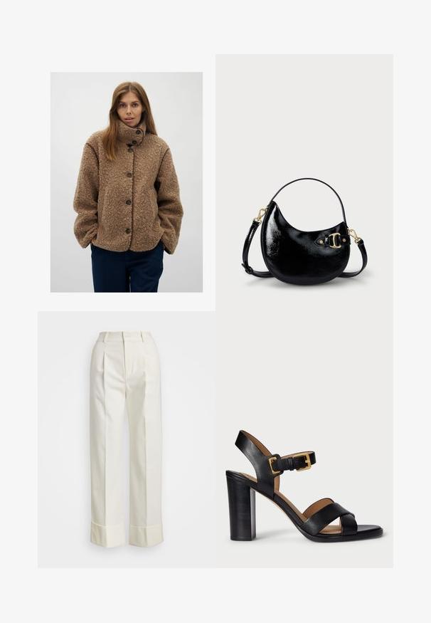 Brown fleece jacket with a high collar, button closure, and contrasting brown trim. Loose fit and textured surface.; White sleeveless sweater made of smooth cotton, featuring a ribbed hem and a small navy logo on the bottom left. Simple design, no patterns.; White tailored pants featuring a high waist, double front pleats, and wide legs with folded cuffs. Made from a smooth, textured fabric.; Black leather heeled sandals with a cross-over strap design and a buckle closure. Features a chunky heel and smooth texture.; Black patent leather handbag with a curved shape, adjustable strap, and gold-tone hardware detail on the side. Smooth, shiny texture.