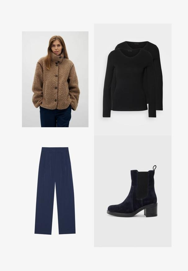 Braune Fleecejacke mit hohem Kragen, Knopfverschluss und kontrastierenden braunen Akzenten. Lockerer Schnitt und strukturierte Oberfläche.; Zwei schwarze Langarmshirts mit V-Ausschnitt, aus weichem, dehnbarem Stoff, der eine glatte Textur und eine figurbetonte Passform zeigt.; Himmelblaue Weitbundhosen aus weichem Stoff, mit vorderen Falten, glatter Oberfläche und einem geraden Schnitt ohne sichtbare Taschen.; Schnürstiefelette aus dunkelblauem Wildleder mit elastischem Seitenpanel, runder Spitze und Blockabsatz. Das strukturierte Material und die glatte Sohle sorgen für Kontrast.
