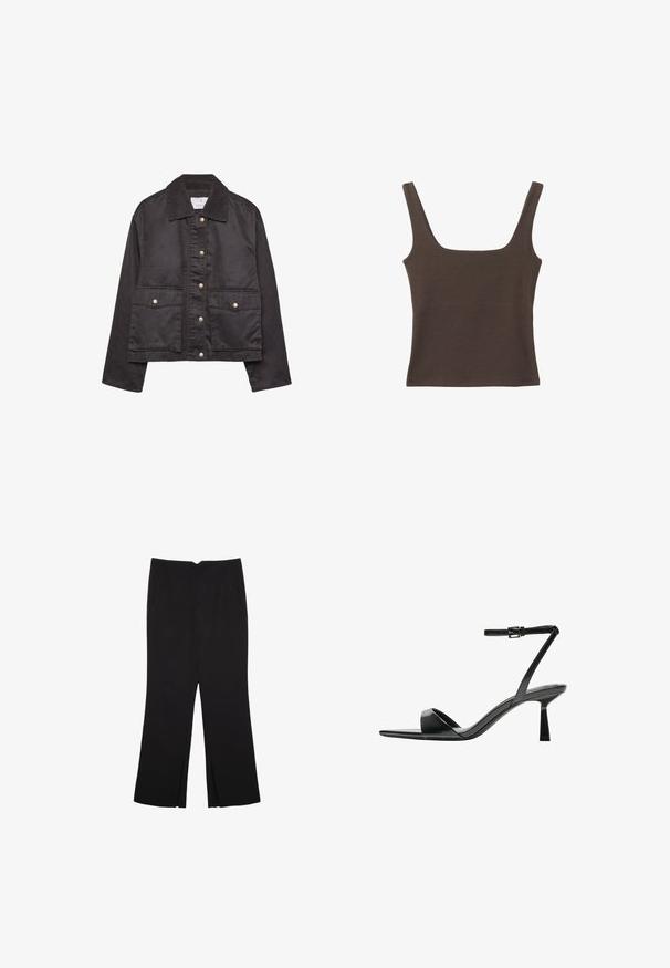 Czarna kurtka zapinana na guziki z kołnierzem z kordurowego materiału, dwie przednie kieszenie z klapkami i guzikami oraz długie rękawy.; Brązowa bezrękawnikowa bluzka o kwadratowym dekolcie, wykonana z miękkiego, elastycznego materiału. Posiada dopasowany krój i płaskie szwy.; Czarne spodnie o prostym kroju, z przednimi kieszeniami i bocznymi rozcięciami na dole. Wykonane z miękkiego, gładkiego materiału. Odpowiednie na różne okazje.; Bershka - Sandały na obcasie