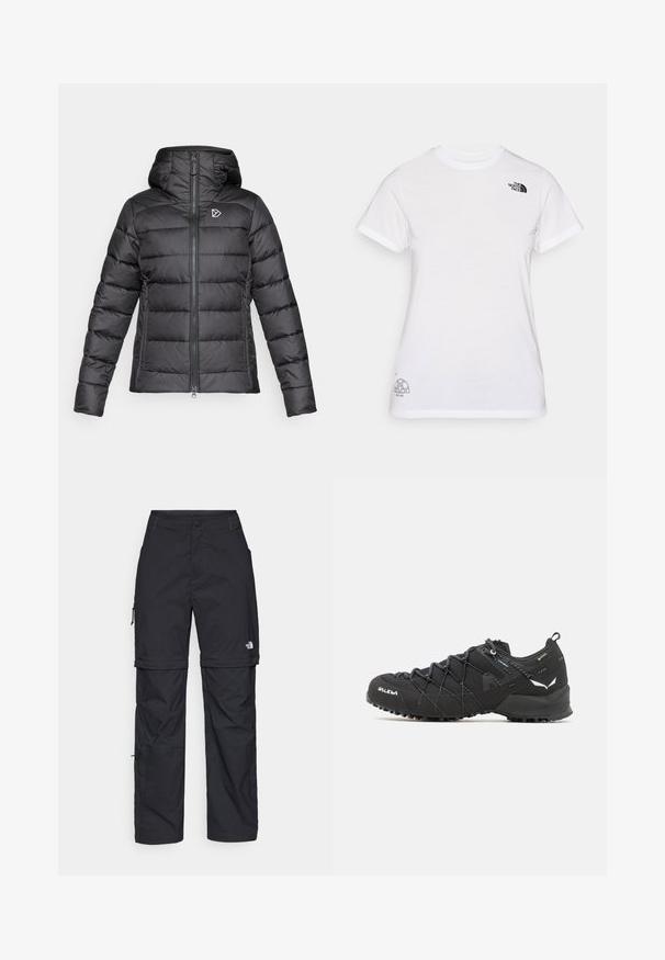 Svart polstret jakke med hette, frontglidelås, sidelommer med glidelås, og en liten hvit geometrisk logo på brystet.; Hvit bomull T-skjorte med en svart logo på venstre bryst og et grått grafisk design nederst til høyre. Klassisk rund hals og korte ermer.; Svarte nylon cargo-bukser med glidelås og justerbare mansjetter, flere lommer og en logo på høyre bein. Glatt, lett tekstur.; Sorte tursko med teksturert stoffoverdel, snøresystem og røff gummisåle. Utsmykket med reflekterende detaljer og logoer.