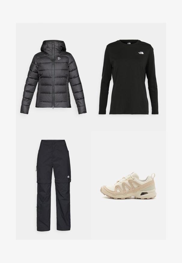 Black padded jacket with hood, front zipper, side zip pockets, and a small white geometric logo on the chest.; Black long-sleeve t-shirt made of cotton with a round neck. Features a small white logo on the left chest area. Simple design and fit.; Black nylon zip-off cargo trousers with adjustable cuffs, multiple pockets, and a logo on the right leg. Smooth, lightweight texture.; Beige and cream athletic shoe with textured mesh upper, supportive overlays, and rubber outsole featuring a tread pattern for traction.